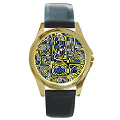 Blue And Yellow Decor Round Gold Metal Watch