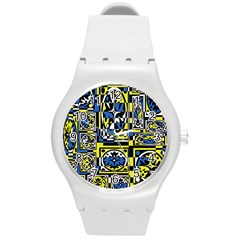 Blue And Yellow Decor Round Plastic Sport Watch (m)