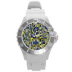 Blue And Yellow Decor Round Plastic Sport Watch (l) by Valentinaart