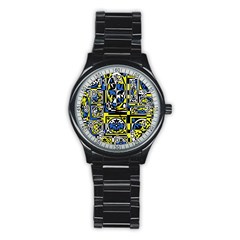 Blue And Yellow Decor Stainless Steel Round Watch