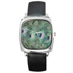 Peacock Feathers Macro Square Metal Watch by GiftsbyNature