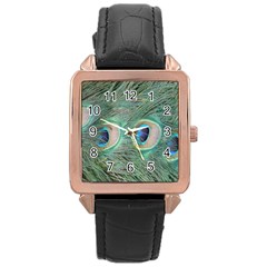 Peacock Feathers Macro Rose Gold Leather Watch 