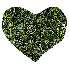 Green Boho Flower Pattern Zz0105 Large 19  Premium Flano Heart Shape Cushion