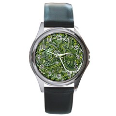 Green Boho Flower Pattern Zz0105 Round Metal Watch by Zandiepants