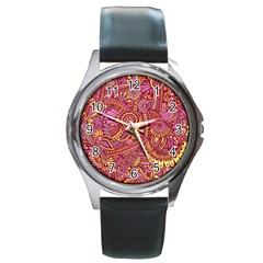 Pink Yellow Hippie Flower Pattern Zz0106 Round Metal Watch by Zandiepants