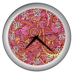 Pink Yellow Hippie Flower Pattern Zz0106 Wall Clock (silver) by Zandiepants