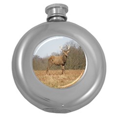 Red Deer Stag On A Hill Round Hip Flask (5 Oz) by GiftsbyNature