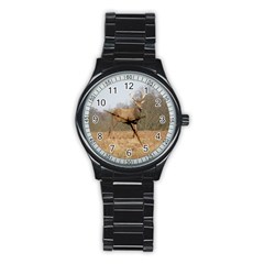 Red Deer Stag on a Hill Stainless Steel Round Watch