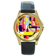 Colorful Abstraction Round Gold Metal Watch