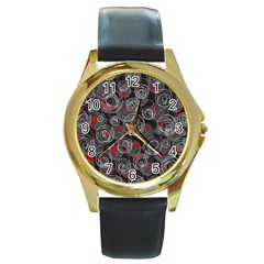 Red And Gray Abstract Art Round Gold Metal Watch