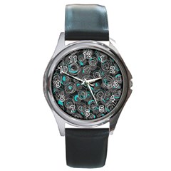 Gray And Blue Abstract Art Round Metal Watch by Valentinaart