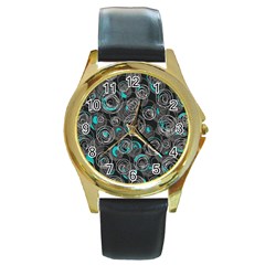 Gray And Blue Abstract Art Round Gold Metal Watch