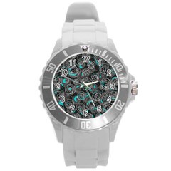 Gray And Blue Abstract Art Round Plastic Sport Watch (l)