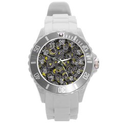 Gray And Yellow Abstract Art Round Plastic Sport Watch (l)