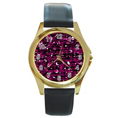 Magenta Abstract Art Round Gold Metal Watch