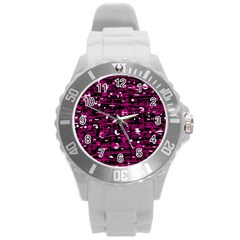 Magenta Abstract Art Round Plastic Sport Watch (l) by Valentinaart