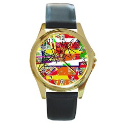 Colorful Abstraction By Moma Round Gold Metal Watch by Valentinaart