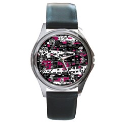 Magenta, White And Gray Decor Round Metal Watch by Valentinaart