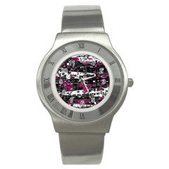 Magenta, White And Gray Decor Stainless Steel Watch