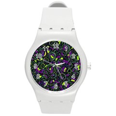 Purple And Yellow Decor Round Plastic Sport Watch (m)