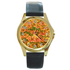 Helenium Flowers And Bees Round Gold Metal Watch