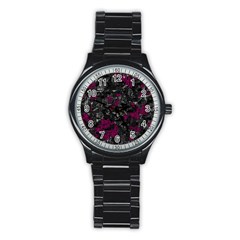 Magenta And Gray Decorative Art Stainless Steel Round Watch by Valentinaart