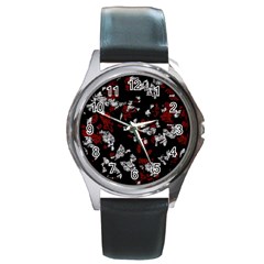 Red, White And Black Abstract Art Round Metal Watch by Valentinaart