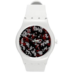 Red, White And Black Abstract Art Round Plastic Sport Watch (m) by Valentinaart