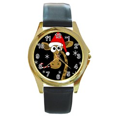 Christmas Giraffe Round Gold Metal Watch by Valentinaart