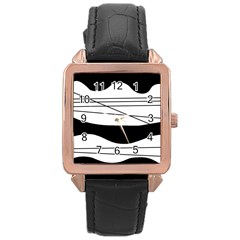 White And Black Waves Rose Gold Leather Watch  by Valentinaart