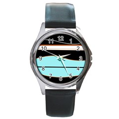 Cyan, Black And White Waves Round Metal Watch by Valentinaart