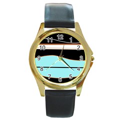 Cyan, Black And White Waves Round Gold Metal Watch by Valentinaart