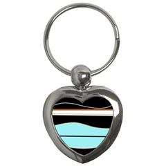 Cyan, Black And White Waves Key Chains (heart)  by Valentinaart