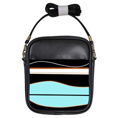 Cyan, Black And White Waves Girls Sling Bags by Valentinaart