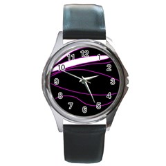 Purple, white and black lines Round Metal Watch