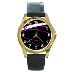 Purple, White And Black Lines Round Gold Metal Watch by Valentinaart