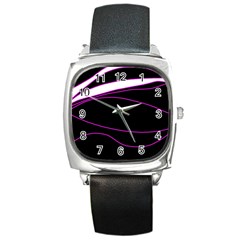 Purple, White And Black Lines Square Metal Watch by Valentinaart