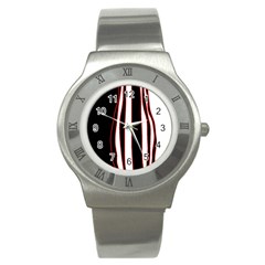 White, Red And Black Lines Stainless Steel Watch by Valentinaart