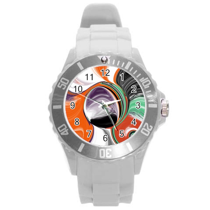 Abstract Orb in Orange, Purple, Green, and Black Round Plastic Sport Watch (L)