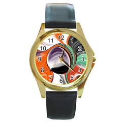 Abstract Orb In Orange, Purple, Green, And Black Round Gold Metal Watch