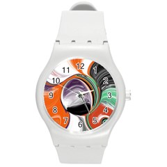 Abstract Orb In Orange, Purple, Green, And Black Round Plastic Sport Watch (m) by digitaldivadesigns