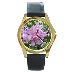 Purple Rhododendron Flower Round Gold Metal Watch by picsaspassion