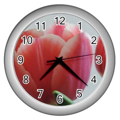 Red - White Tulip Flower Wall Clocks (silver)  by picsaspassion