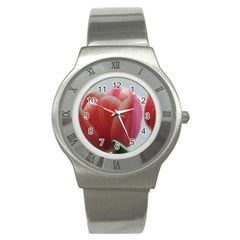 Red - White Tulip Flower Stainless Steel Watch by picsaspassion