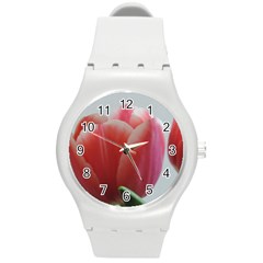 Red - White Tulip Flower Round Plastic Sport Watch (m) by picsaspassion