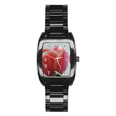 Red - White Tulip Flower Stainless Steel Barrel Watch by picsaspassion