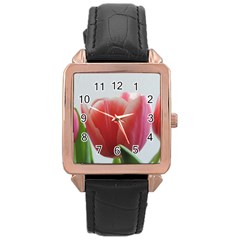 Red Tulips Rose Gold Leather Watch  by picsaspassion