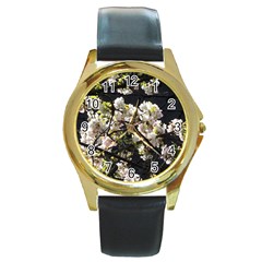 Blooming Japanese Cherry Flowers Round Gold Metal Watch by picsaspassion