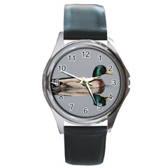 Wild Duck Swimming In Lake Round Metal Watch by picsaspassion