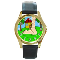 Giant Foot Round Gold Metal Watch by Valentinaart